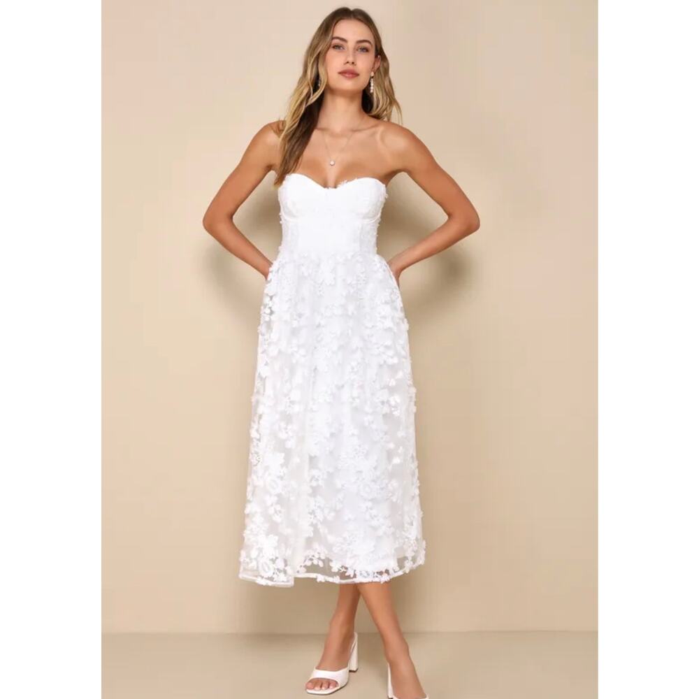 Lulus Quite Perfect White Floral Embroidered Strapless Midi Dress XXL - Picture 2 of 8